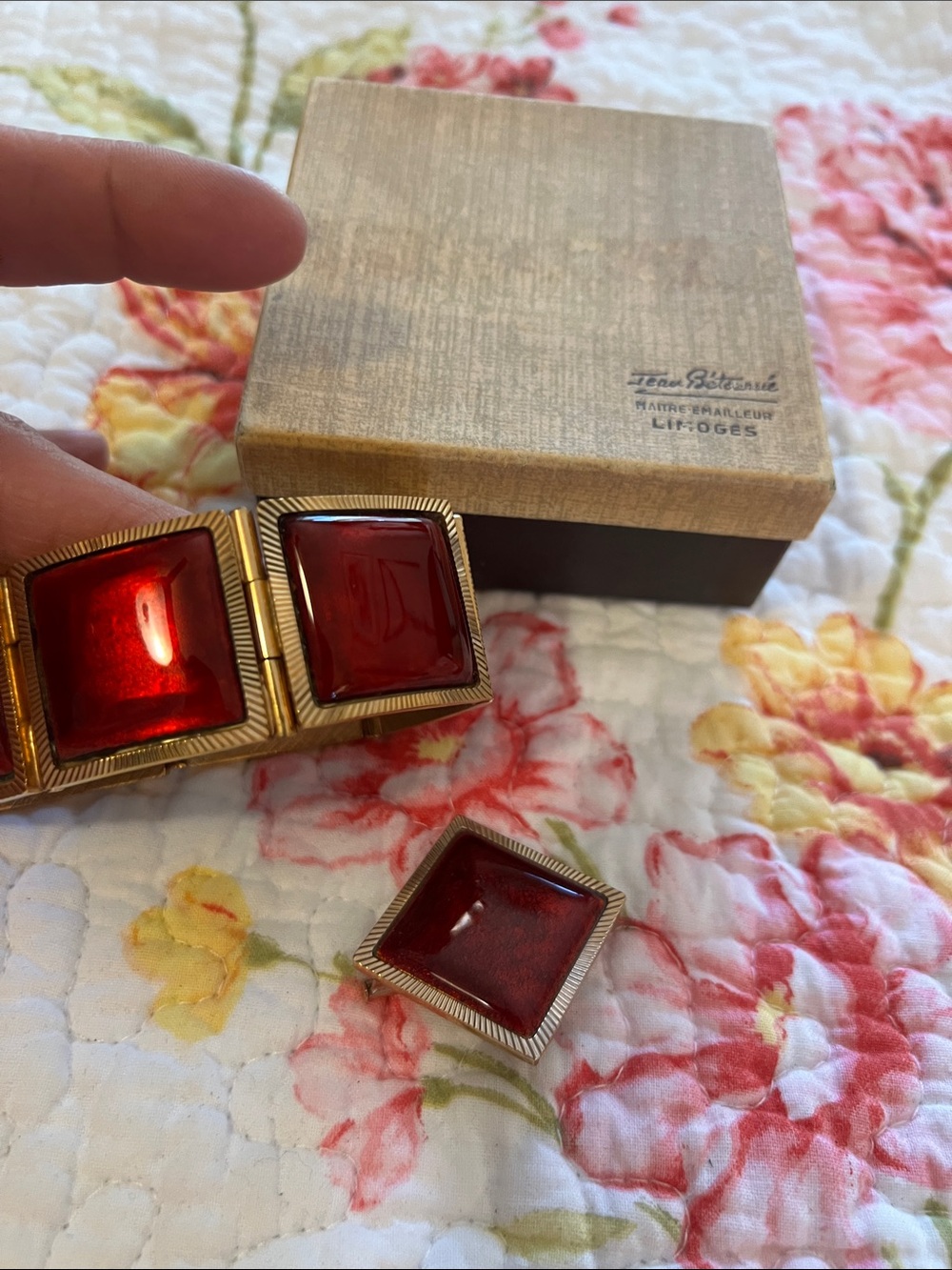 Jean Pétotouré Limoges French Enamel Bracelet and Matching Brooch Set